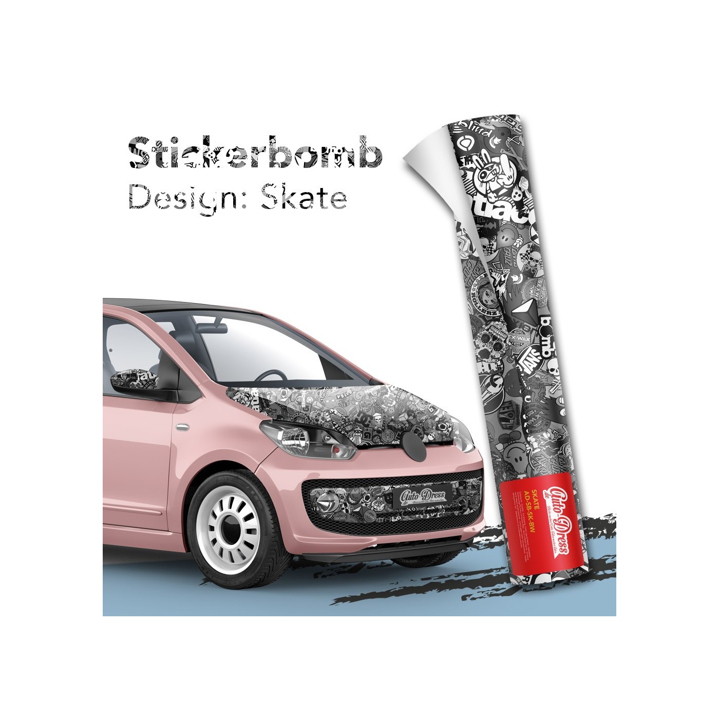 Stickerbomb Autofolie, Design: Skate schwarz/weiß